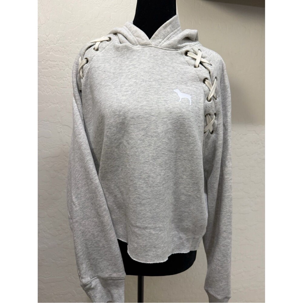 PINK Victoria’s Secret Gray Lace Up Shoulder Fleece Hoodie XS